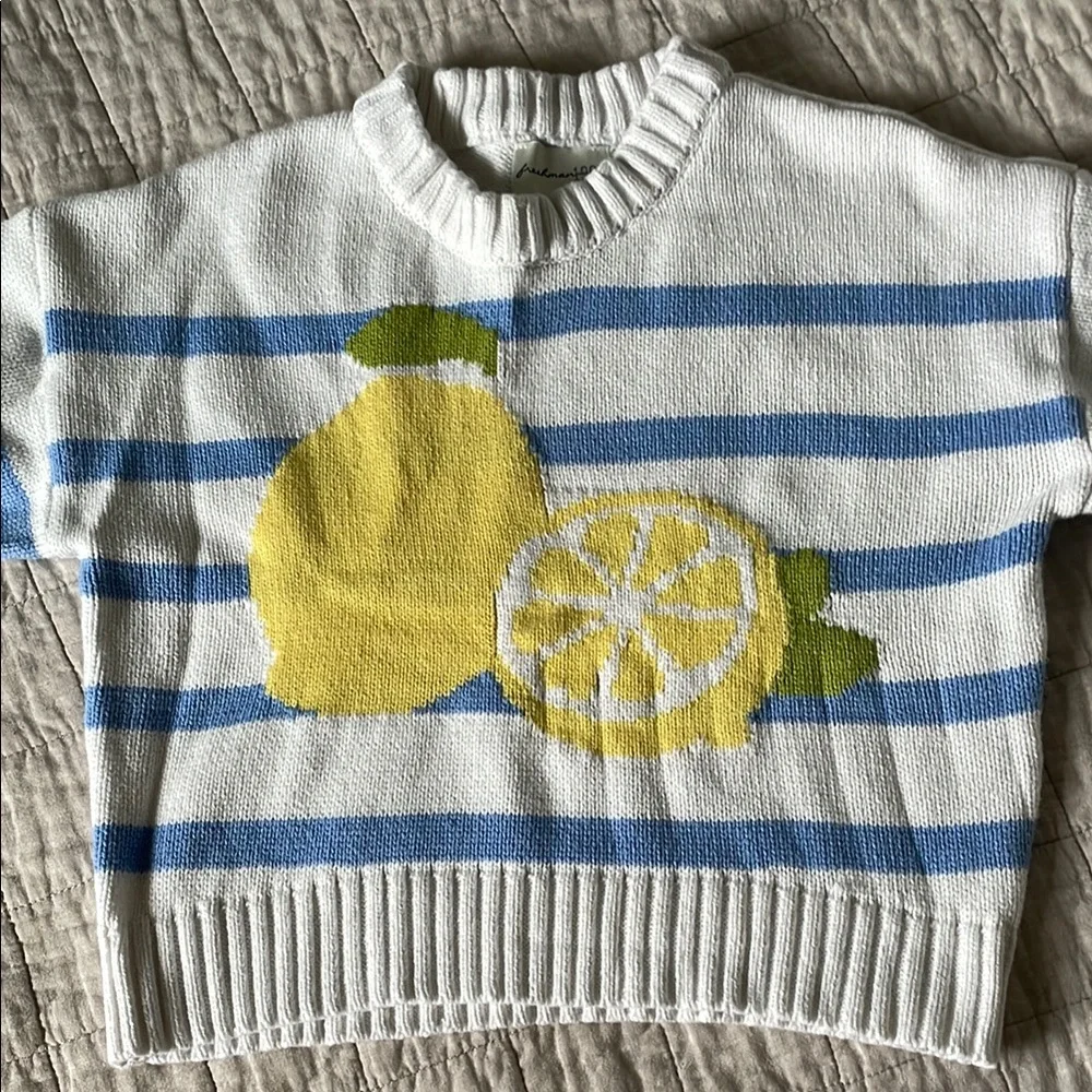 Striped Blue and White Sweater with Lemon Design - Picture 2 of 5